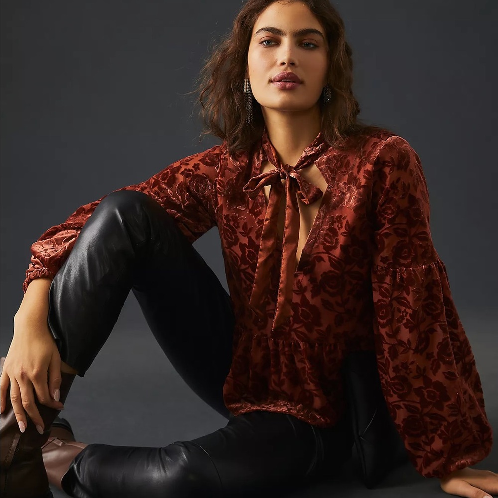 Anthropologie Velvet Tie-Neck Blouse Size Medium